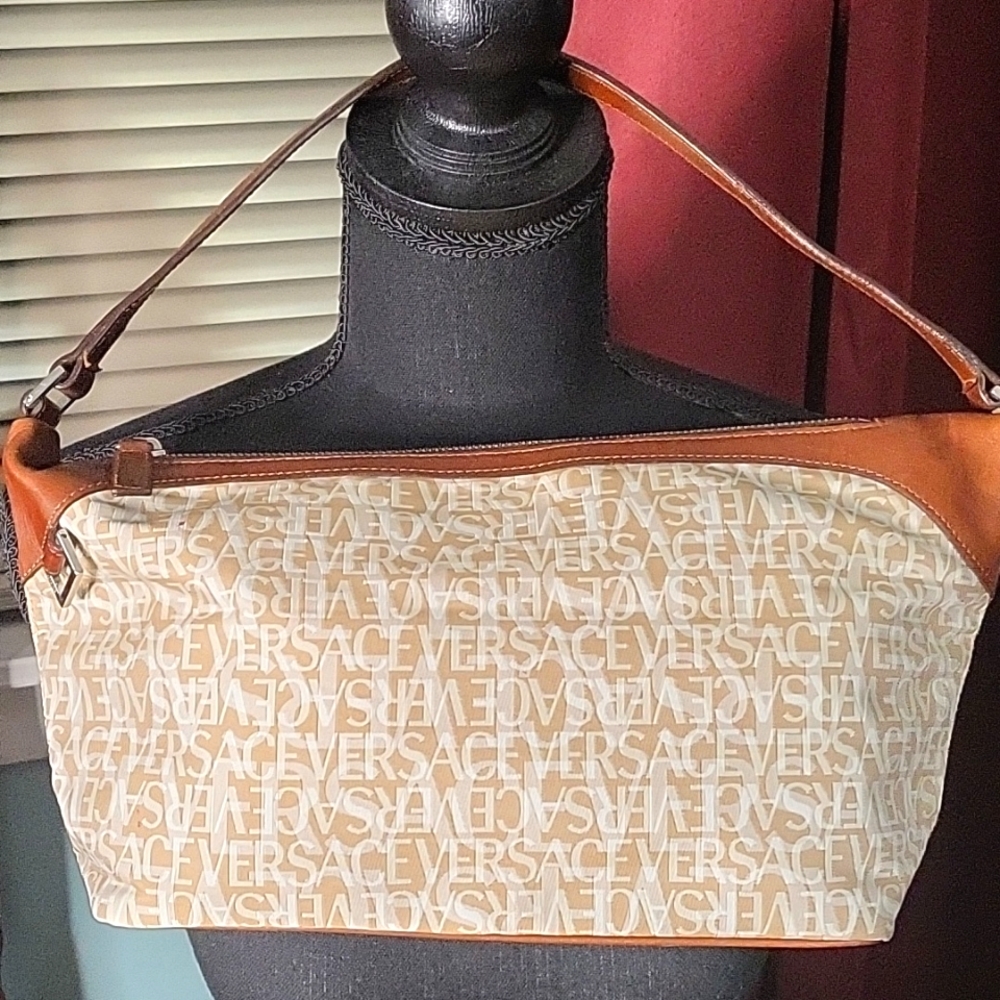 Authentic Versace canvas zipper top cream and brown handbag with dust bag